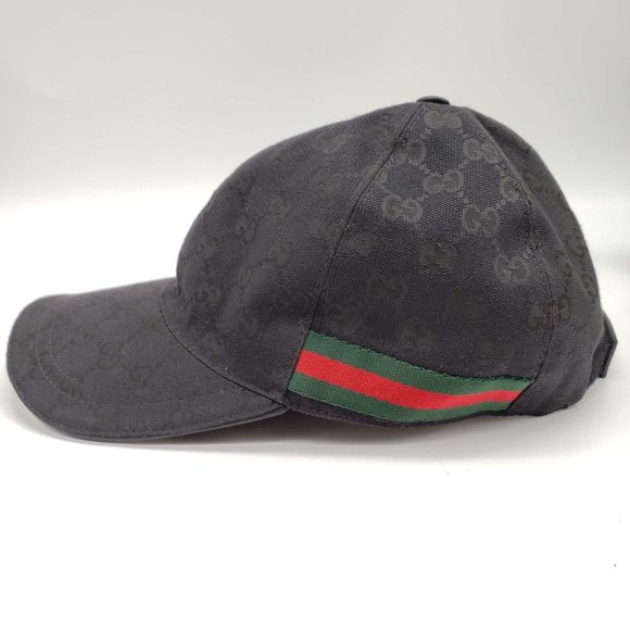 100% Authentic Gucci Cap Black Canvas Leather Hat Unisex - Picture 2 of 11